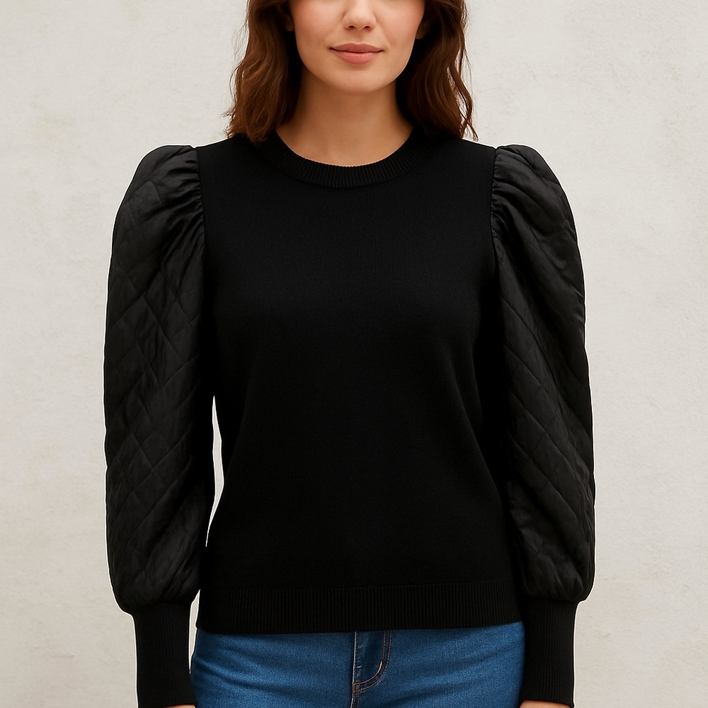 Jealous Tomato Sweater Women's M Black Ribbed Crew Neck Puffy Sleeves Pullover